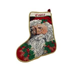 Vintage Needlepoint Tapestry Christmas Stocking Sock Santa “Eddie”